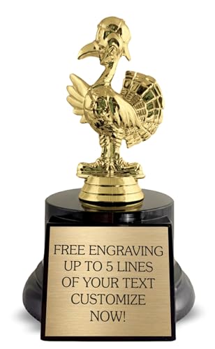 Turkey Trophy Award - Personalized Thanksgiving & Friendsgiving Prize with Custom Engraving - Turkey Trot Bowl & Fall Holiday Party Winner Trophy - 6 Inch Golden Turkey Statue - Customize Now