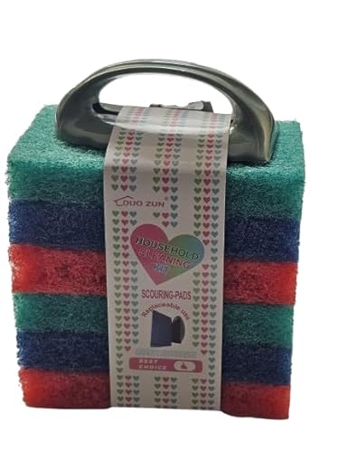 Mr.Gadget's Solutions Handled Scrubber Set, Non-Scratch Bathroom Scrubbing Pads, Bathtub Scrubber with Handle, Reusable Cleaning Sponge for Shower Tile, Bathtube, Sink, Spas Tubs & Swimming Pool Step
