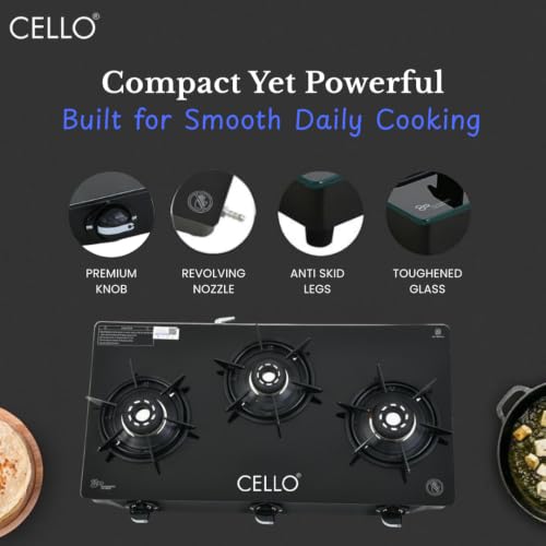 Image of Cello Dezire Plus 3 Burner Gas Stove | 6mm Toughened Glass | Manual Ignition | ISI Certified | Rapid Alloy Burnes | 1 Year Warranty | Hexa Pan Supports