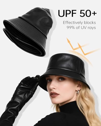 Image of Zylioo XXL PU Leather Bucket Hat for Big Heads, Large Waterproof Floppy Brim Travel Hat with Thin Fleece Lining Packable