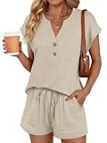 LILLUSORY Womens Henley 2 Piece Short Sets Summer 2026 Lounge Spring Beach Airport Travel Vacation Outfits Matching Sweatsuit Khaki M