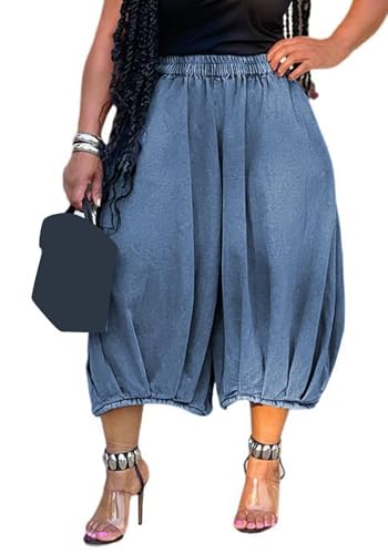 Tbahhir Women's Baggy Jeans Loose Cropped Elastic Waist Denim Pants Barrel Trousers with Pockets