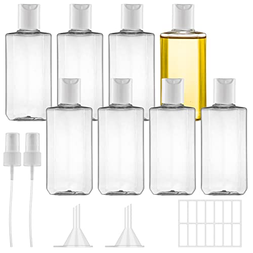 Ysimple 8 Piezas Botellas de Viaje,Botes Viaje Rellenables 100ml,Botes de Viaje Avion Plastico con 2 Aspersores y 2 Embudo Pequeño,1 Etiqueta Adhesiva,para Champú,Loción,Cosméticos,Gel de Ducha