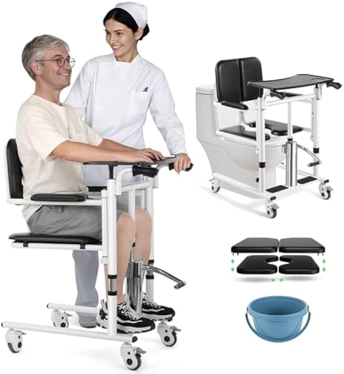 Patient Lift Wheelchair, 4 in 1 Transfer Wheelchair, Bedside Commode Toilet for Home and Hospital Care, Shower Chair for Elderly and Disabled, 180° Split Seat, Loading 330lbs