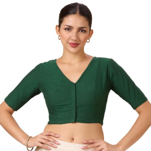 Image of Studio Shringaar Women Cotton Half Sleeve Madras Checks Saree Blouse with Stretchable Sides