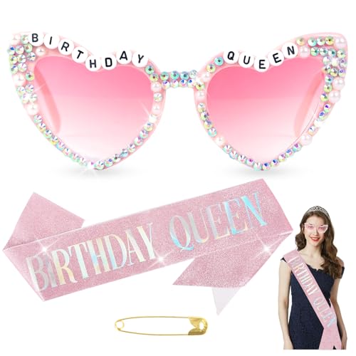 Birthday queen occhiali rosa con fascia per compleanno regina occhiali da sole a forma di cuore brillanti bling diamante perla occhiali da sole per donne ragazza compleanno glitter rosa