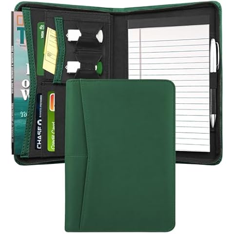 Gorbado Junior Padfolio/Resume Portfolio Binder with Refillable Lined Notepad, A5 Padfolio Folder, Business Portfolio, Multi-Function Case, A5 Writing Pad Included, Green Cover