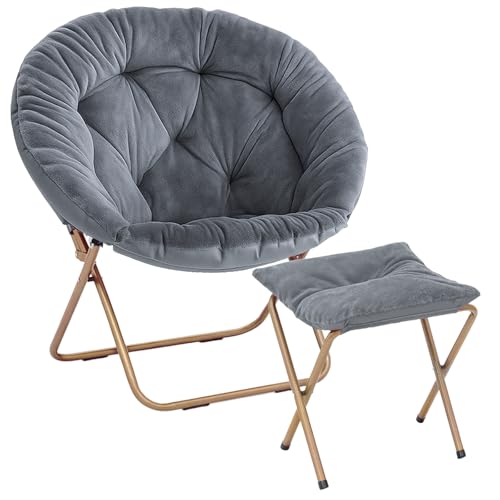 Magshion Folding Saucer Chair for Adults with Ottoman, Circle Reading Chair for Bedroom, Living Room & Dorm, Furry Comfy Accent Seat with Metal Leg & Thick Padded for Small Spaces (Grey, 1 Pack)
