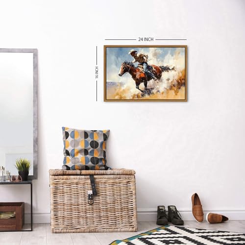 Image of Cowboy Canvas Wall Art Vintage Western Framed Wall Decor Horse Rider Canvas Prints Rodeo Wall Art Farmhouse Western Artwork for Living Room Bedroom Office Rustic Country Decor Home Decorations 16x24