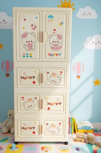 Image of EXVITO Plastic Wardrobe for Cloth with Drawers & Hanging Rod | Baby Cupboard for Clothes Storage | Foldable Collapsible Plastic Almirah for Kids | Cartoon Design Cabinet for Bedroom - Butter Bear