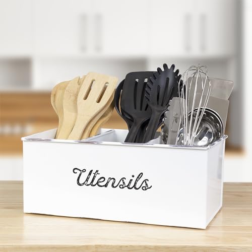 AuldHome-Design-Large-Enamelware-Utensil-Holder-White-Farmhouse-Cooking-Caddy-or-SpoonsForksKnives-Storage-for-Countertop-and-Table AuldHome Design Large Enamelware Utensil Holder White Farmhouse Cooking Caddy or SpoonsForksKnives Storage for Countertop and Table