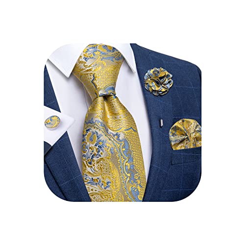Image of DiBanGu Silk Ties for Men Necktie and Lapel Pin Brooch Set Formal Woven Paisley Plaid Striped Solid Tie Wedding Party