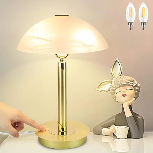 Depuley Touch Control Desk Lamp, 2*E14 4W Gold Bedside Table Lamp with Patterned Glass Lampshade,Modern Eye-Caring LED Bedside Lamp for Living Room, Bedroom,Office,Reading,Studying,Kids(Bulbs Include)