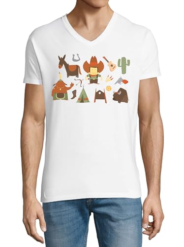 T-shirt col en V en coton blanc pour homme style Cowboy Western taille L