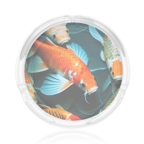 Cendrier rond en verre imprimé poisson koï japonais HD pour bords bruts pour la maison, le bureau, la terrasse, la voiture, l'intérieur et l'extérieur