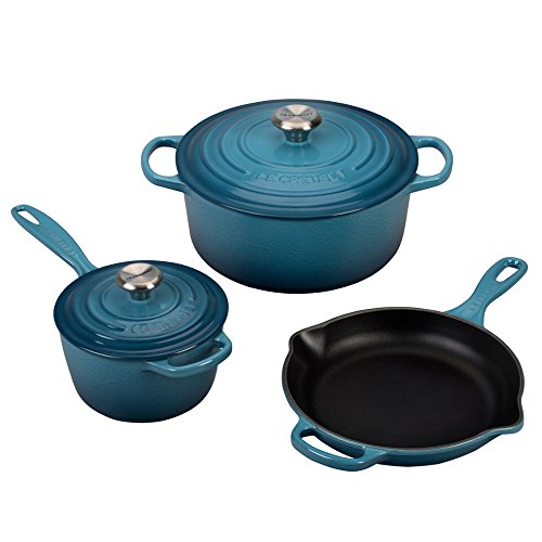 Le Creuset MS1605-6MSS Signature Enameled Cast Iron Cookware Set, 5-Piece, Marine