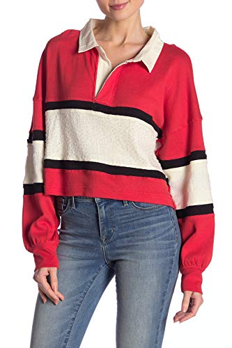 Free People Party Polo Oversized Cropped Long Sleeve Shirt Large Red