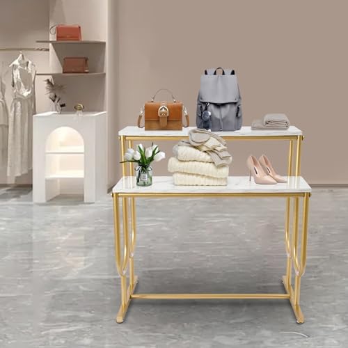 2-Tier Display Stand for Clothing, Shoes, Bags, Hats, Cosmetics, Jewelry, Crafts, Flowers, Food - Countertop for Retail Store Showcase, Gold Finish