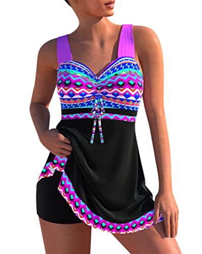 Minetom Damen Bauchweg Bademode Tankini Set Zweiteilig Push Up Badeanzug Strand Schwimmanzug Swimwear Bikini Badekleid mit Shorts E Schwarz XL