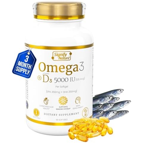 SIGNIFY NATURE Omega 3 Fish Oil Supplement with Vitamin D3 5000 IU - 1000mg Triglyceride Capsules for Brain Health - Omega3 EPA DHA + VIT D 3-90CT Cover