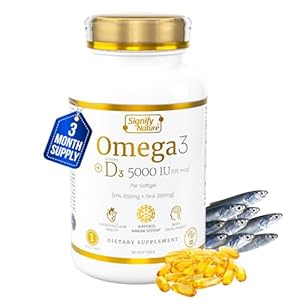 Omega 3 Fish Oil Supplement with Vitamin D3 5000 IU – 1000mg Triglyceride Capsules for Brain Health – Omega3 EPA DHA + VIT D 3-90CT
