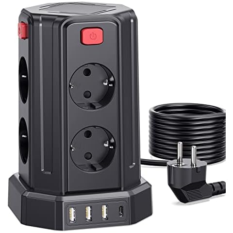 Steckdosenleiste mit USB, Sameriver 8 Fach Mehrfachsteckdose mit 4 USB, Steckdosenleiste Steckerleiste mit 4 Schalter, 3M Verlängerungskabel, Steckdosenturm Überspannungsschutz für Zuhause,Büro Cover