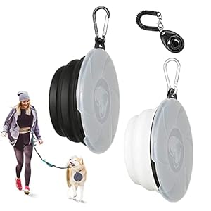 2 Stück Hundenäpfe Faltbare Reiseschale,Hundenapf Unterwegs mit Deckel und Haken,Hund Reisenäpfe Tragbar Silikon Auslaufsicher 450ml,Schwarz + Weiß+1 klick Training