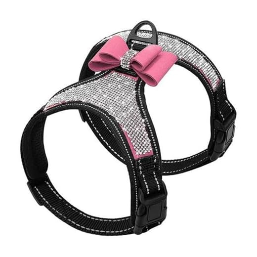 Beirui Rhinestone Dog Harness - Reflective Bling Nylon Dog Vest with Sparkly Bow Tie for Small Medium Large Dogs Walking Party Wedding,Pink,L