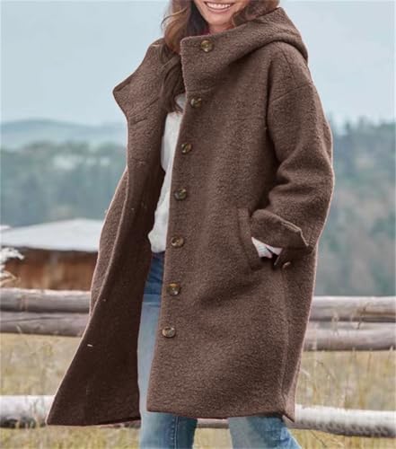 Image of chouyatou Women's Winter Single Breasted Long Wool Coat with Hood Casual Wool Blend Trench Coat Jacket
