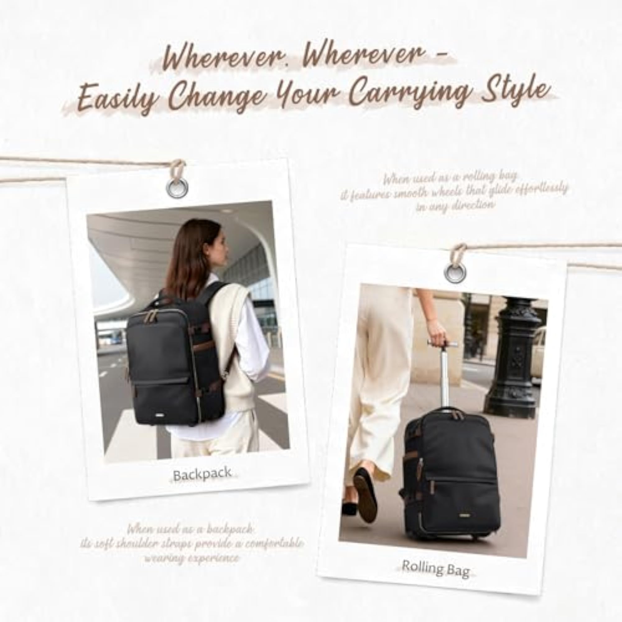 Rolling Backpack for Women 17 Inch Wheeled Convertible