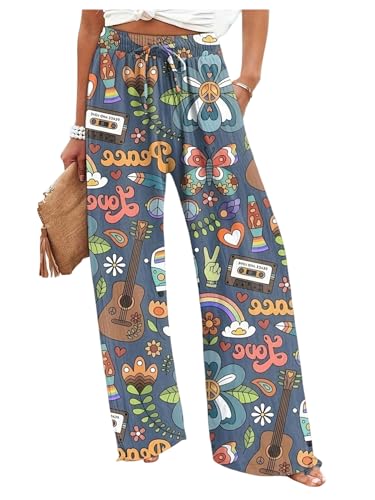 SOLY HUX Women's Graphic Print Wide Leg Pants Tie Front Elastic Waist Baggy Casual Vacation Long Trousers