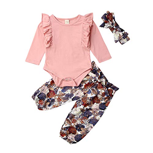 3PCS Outfits Baby Girls Ruffle Romper Bodysuit Tops Denim Jeans High Waist Pants Floral Halen Pants (0-6 Months, Olive Pink)
