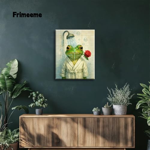 Image of Frimeeme Cute Shower Frog Framed Canvas Wall Art 12x16