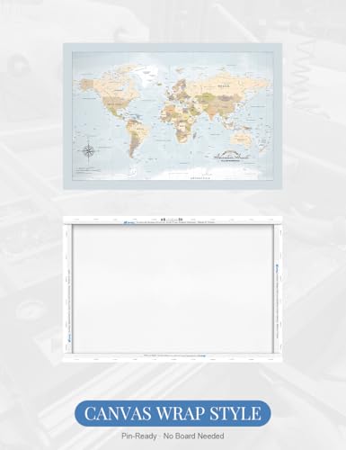 Image of IPIC - Canvas World Maps for Wall Decor, Push Pin Map Decor to Mark Travels, World Travel Map Print for Home, Office, Study, and RV, Ready to Hang