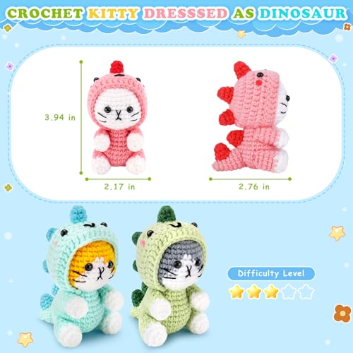 Image of Crochet Kit for Beginners - 3 PCS Dinosaur Cat Crochet Kits with Step-by-Step Video Tutorials, Beginner Crochet Kit for Adults, Crochet Animal Kit for Starters, Cat Dressed as Dinosaur Crochet Set