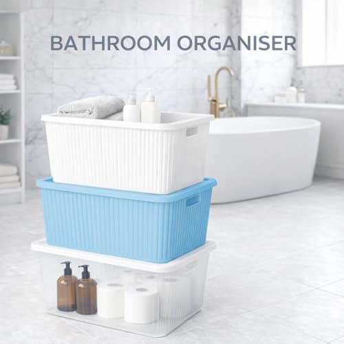 Image of Plastic Storage Box with Lid - Large Stackable Organizer Storage Box for Clothes, Toys, Kitchen - Big Size Plastic Storage Container Basket for Home, Office, Bathroom(Large,3pcs,MultiColor)