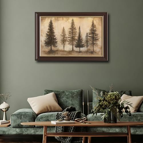 Image of Antique Brown Framed Pine Tree Wall Art, Vintage Neutral Tone Forest Prints, Rustic Woodland Wall Decor Paintings for Living Room Bedroom Farmhouse