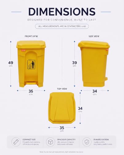 Image of pedal dustbin with lid, heavy duty plastic garbage bin, hands-free step-on waste bin for kitchen, office, home, hotel, bathroom & outdoor use