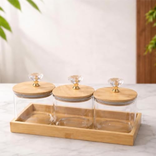 Image of Borosilicate Transparent Glass Storage Jar Set with Bamboo Tray, Set of 3 (500ml) Airtight Round Glass Containers with Bamboo Lids & Silicone Seal, Dry Fruit Storage Jars for Spice