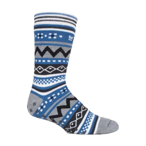 Image of HEAT HOLDERS - Mens Soul Warming Thick Winter Nordic Patterned Non Slip Thermal Slipper Socks with Grippers (6-11 uk, Grey/Denim (Soul))