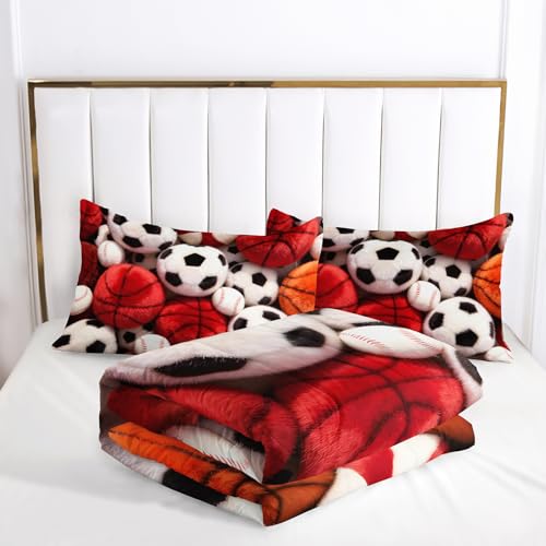Image of Soccer and Basketball Comforter Set Queen Bed for Boy Bedroom,Sports Bedding Set Queen for Kids,with 1 Comforter with 2 Pillow Case,Sports Themed Bedroom Decor for Teen Boys