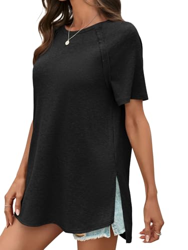 Cicy Bell Womens Short Sleeve Tunic Tops Summer Crew Neck Side Split T Shirts Casual Loose Fit Basic Tees Shirts Black — view 4