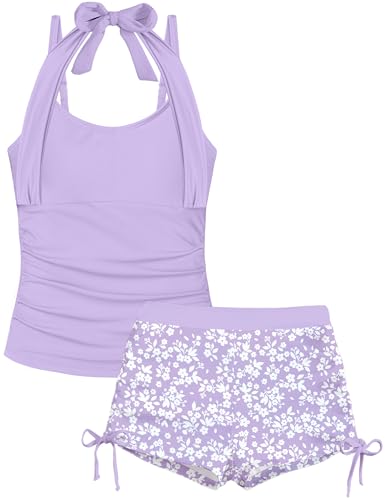 Image of Girls Swimsuit 2 Piece Halterneck Girls Tankini Swimsuit Drawstring Printed Swim Shorts Girl Bathing Suit for 7-18T
