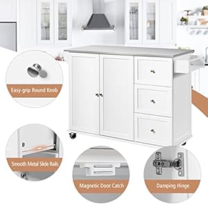 COSTWAY Kitchen Island cart on Wheels, Mobile Serving Cart w/Stainless Steel Countertop, 3 Drawers, 2-Door Cabinet, Adjustable Shelves, Towel Holder & Spice Rack, Utility Trolley on Wheels, White COSTWAY Kitchen Island cart on Wheels Mobile Serving Cart wStainless Steel Countertop 3 Drawers 2 Door Cabinet Adjustable Shelves Towel Holder Spice Rack Utility Trolley on Wheels White