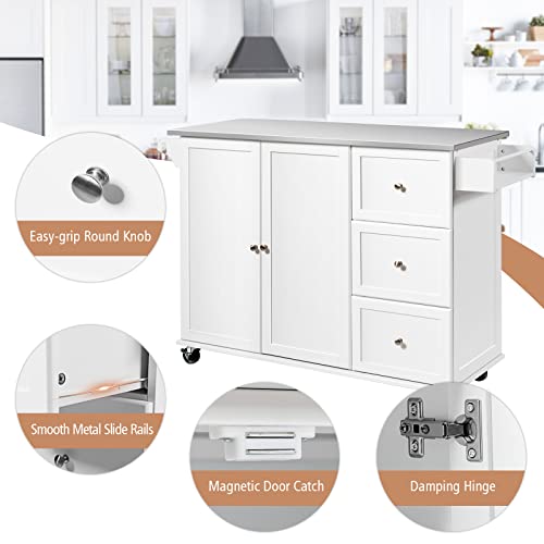 COSTWAY-Kitchen-Island-cart-on-Wheels-Mobile-Serving-Cart-wStainless-Steel-Countertop-3-Drawers-2-Door-Cabinet-Adjustable-Shelves-Towel-Holder-Spice-Rack-Utility-Trolley-on-Wheels-White COSTWAY Kitchen Island cart on Wheels Mobile Serving Cart wStainless Steel Countertop 3 Drawers 2 Door Cabinet Adjustable Shelves Towel Holder Spice Rack Utility Trolley on Wheels White