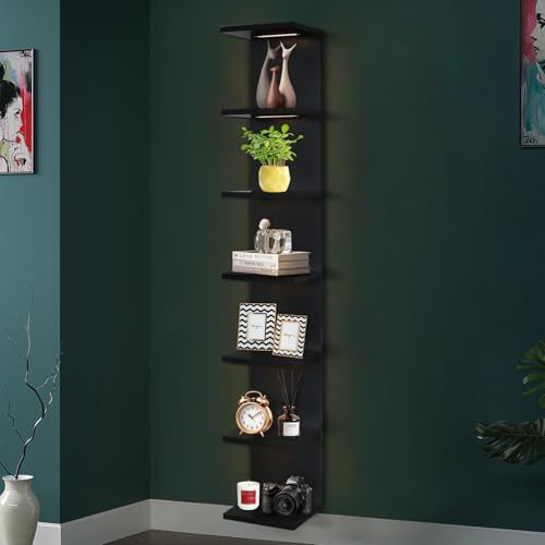 VIWODS 7-Tier Wall Shelf with 3 LED Lighting Modes, Multifunctional Wall Mounted Vertical Lack Shelf with Remote Control for Bedroom Living Room Vanity, Black