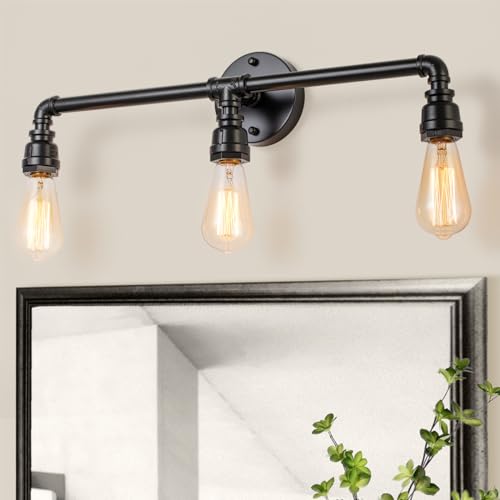LMSOD Bathroom Vanity Light Fixture, 3 Lights Farmhouse Industrial Black Water Pipe Wall Light...