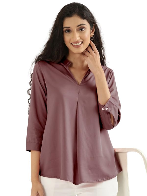 Image of SAADAA Top for Women, Viscose Pleated Tops, V-Neck with a Collar, 3 /4 Sleeve Length, Office & Casual Wear