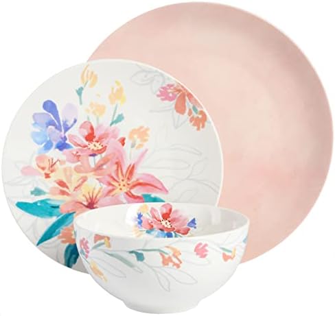 Spice by Tia Mowry Goji Blossom Decorated Porcelain Dinnerware Set, Pink, 12-Piece