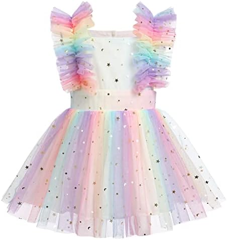 Pastel Rainbow First Birthday Outfit Girl Rainbow Romper Tutu Dress Baby Girl Sequin Stars Princess Tulle DressSummer Sleeveless Ruffle Sundress Toddler Photoshoot Dress Rainbow Star 6-12 Months